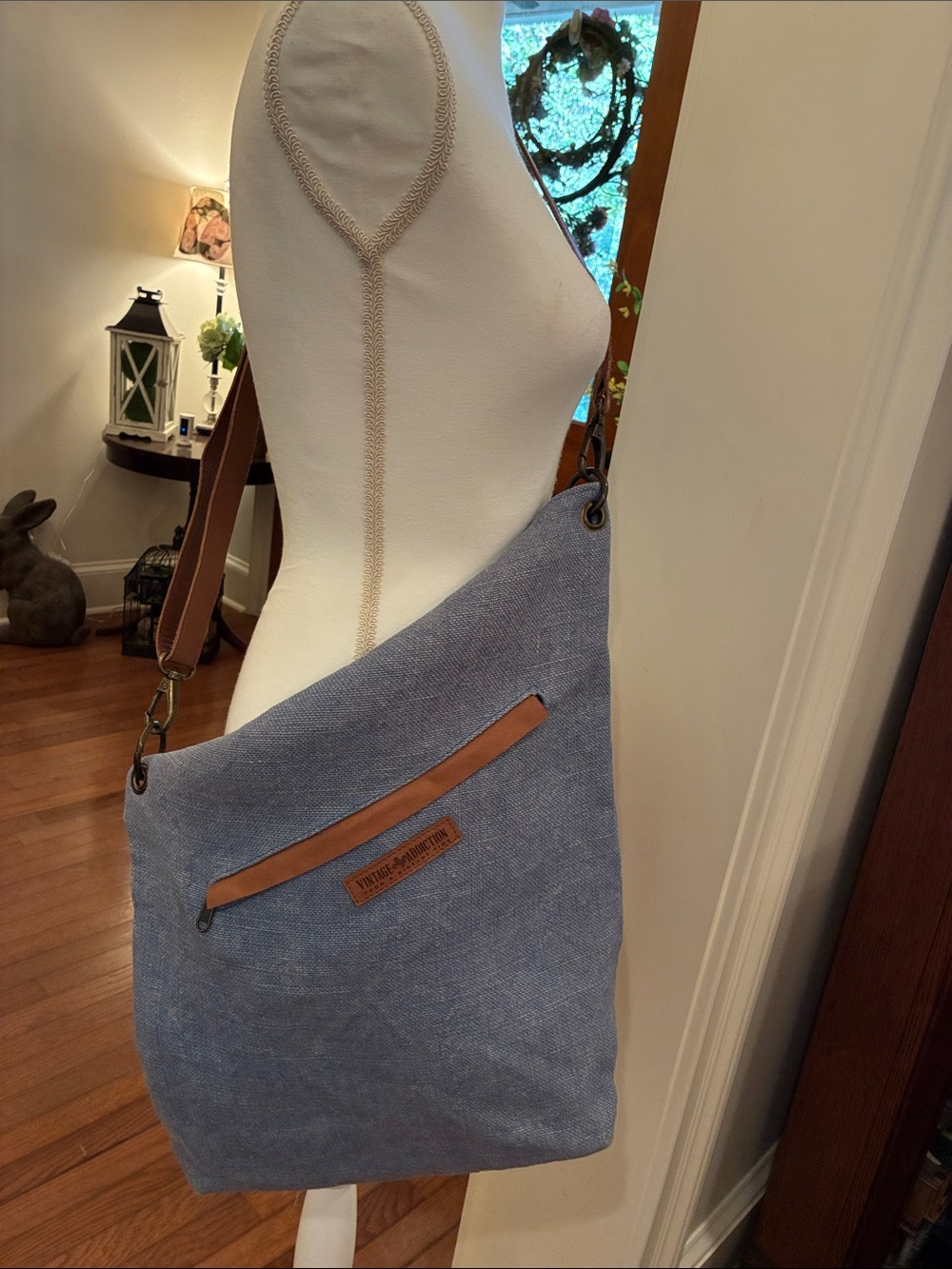 Vintage Addiction Jute Crossbody Bag with Leather Trim - Light Blue